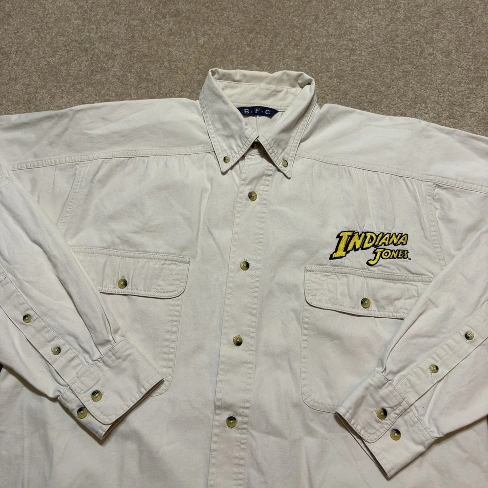 Vtg Indiana Jones Shirt Mens Medium White Button‎ Down LS Raiders Lost Ark 90s